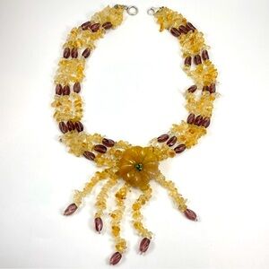 Artisan Handmade Crafted Citrine Quartz Chip Bead Stone Flower Pendant Necklace